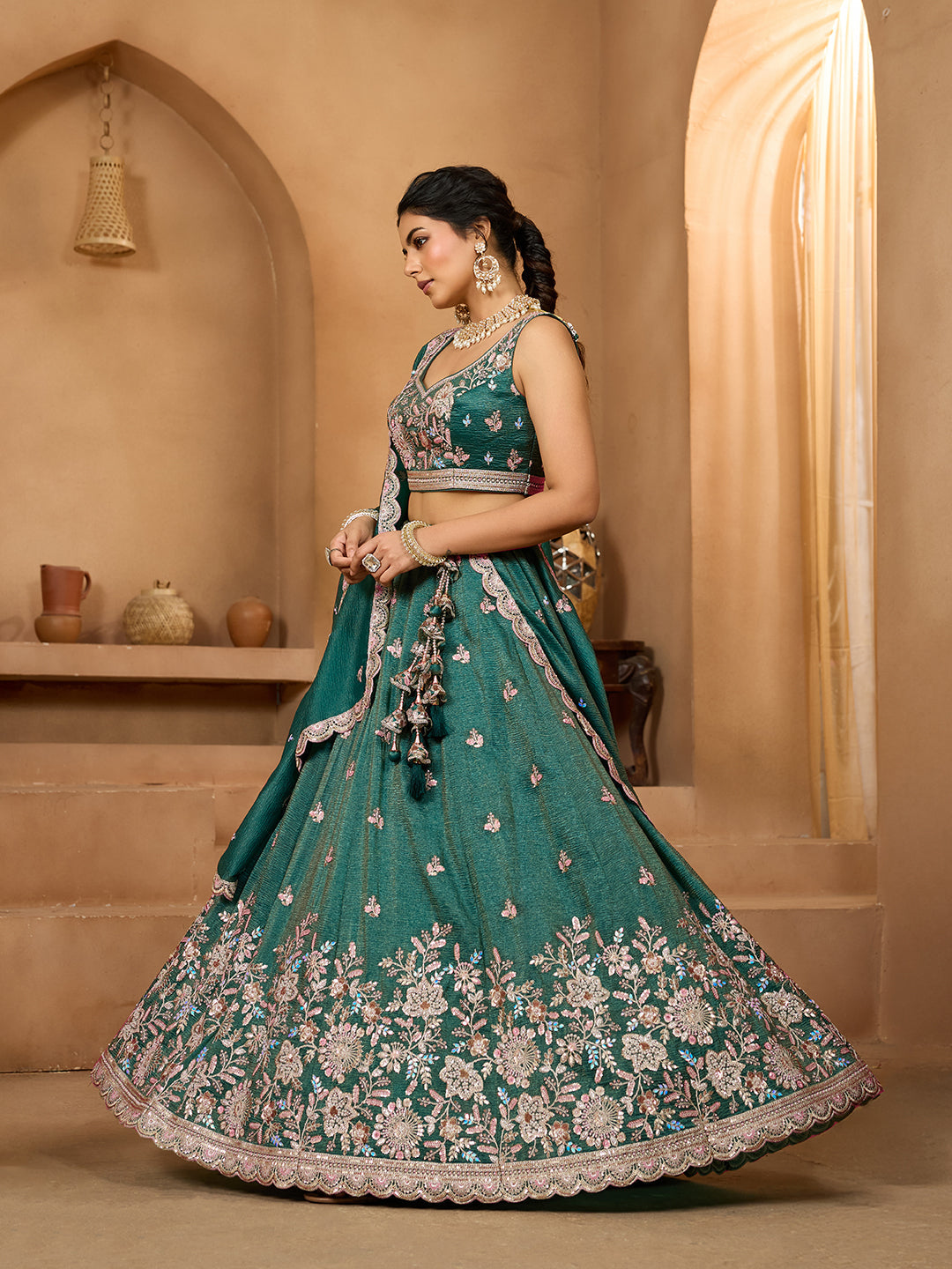 Green Tissue Lehenga Choli with Sequins, Stones & Thread Embroidery – Full-Flared Semi-Stitched Lehenga with Dupatta