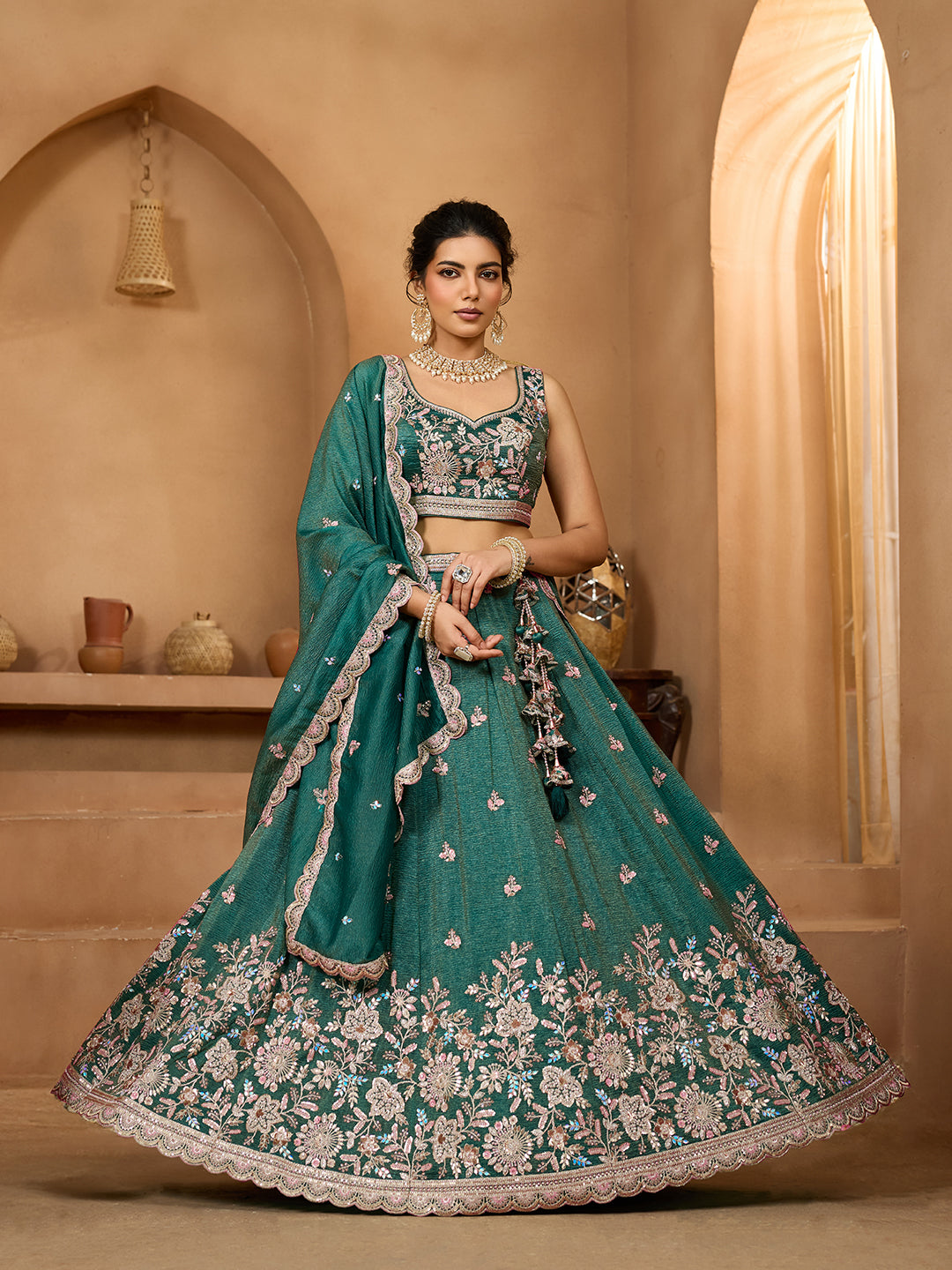 Green Tissue Lehenga Choli with Sequins, Stones & Thread Embroidery – Full-Flared Semi-Stitched Lehenga with Dupatta