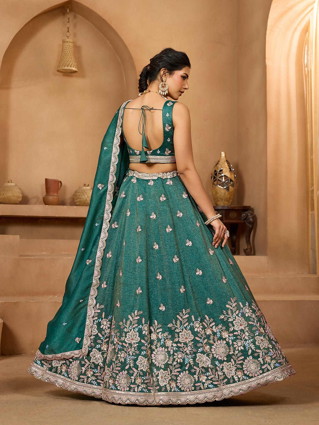 Green Tissue Lehenga Choli with Sequins, Stones & Thread Embroidery – Full-Flared Semi-Stitched Lehenga with Dupatta