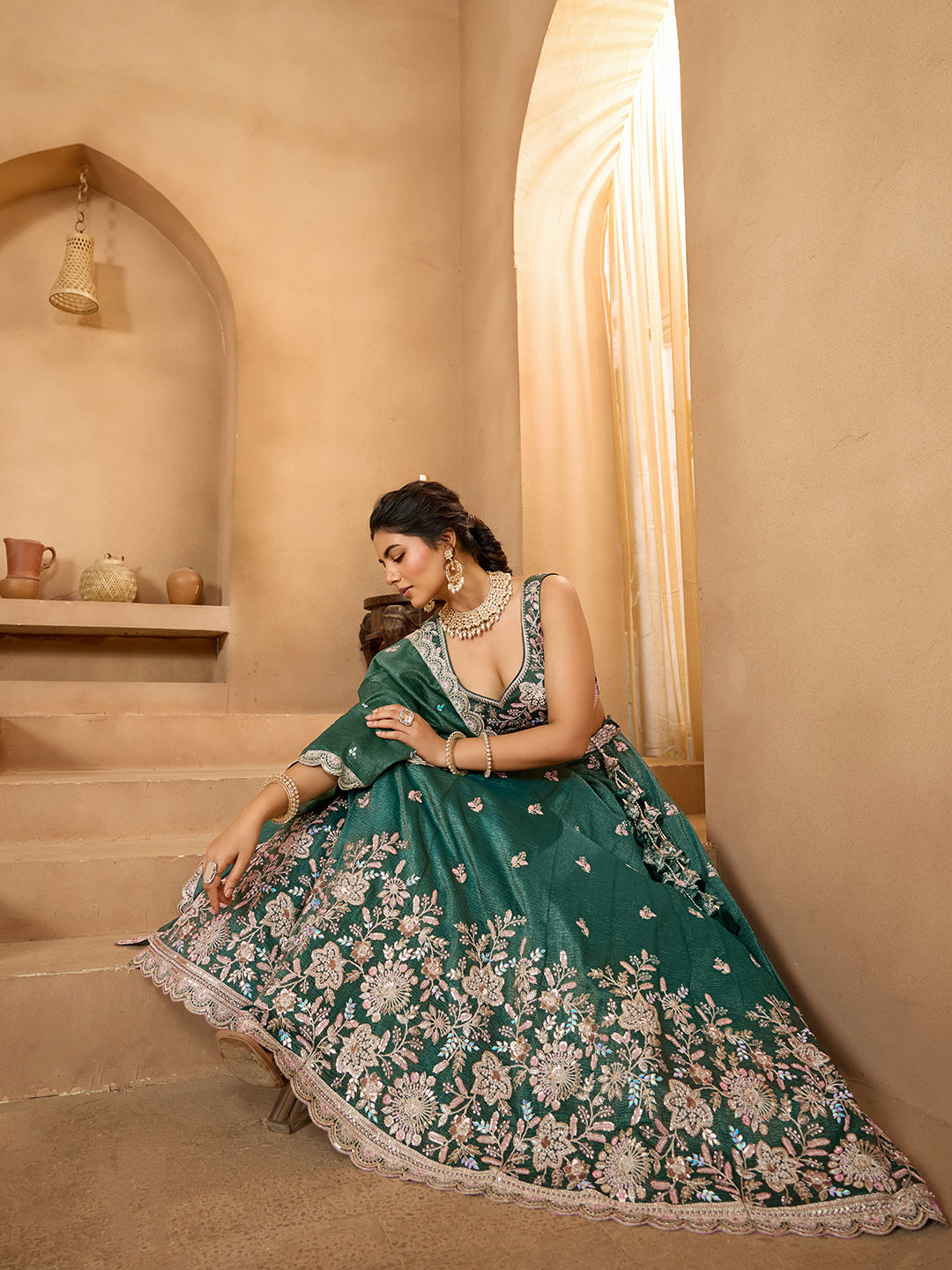 Green Tissue Lehenga Choli with Sequins, Stones & Thread Embroidery – Full-Flared Semi-Stitched Lehenga with Dupatta