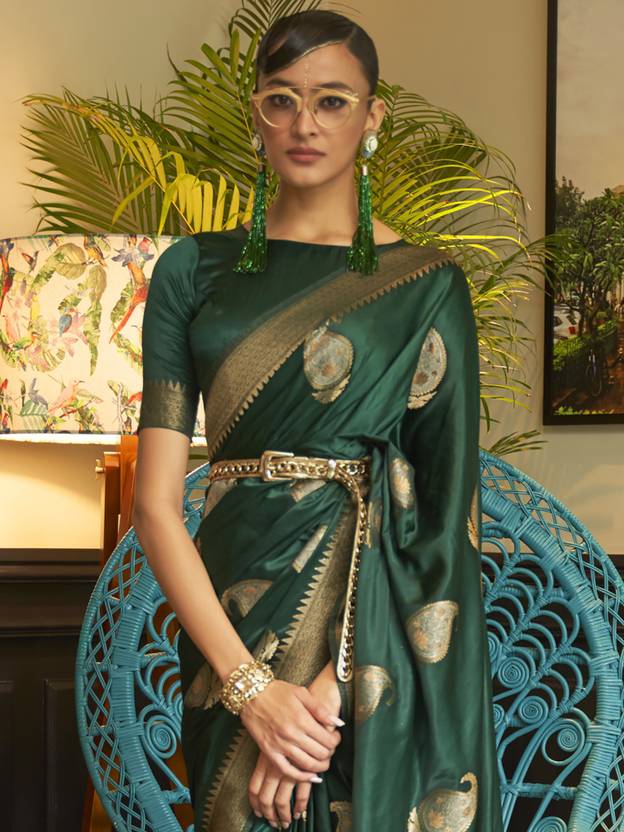Green Traditional Baluchari Silk Blend Saree with Unstitched Blouse Piece