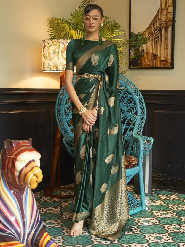 Green Traditional Baluchari Silk Blend Saree with Unstitched Blouse Piece