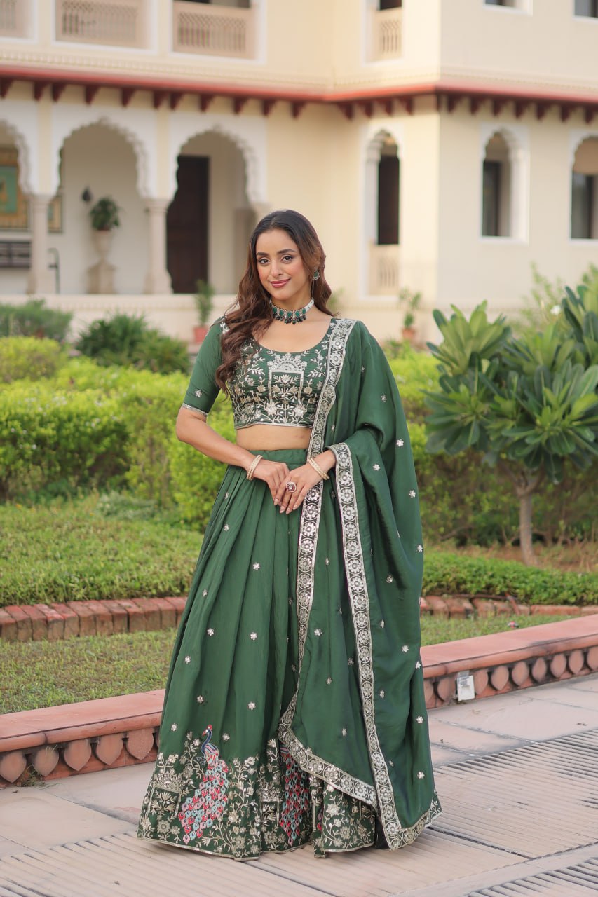 Green Vichitra Embroidered Lehenga Set