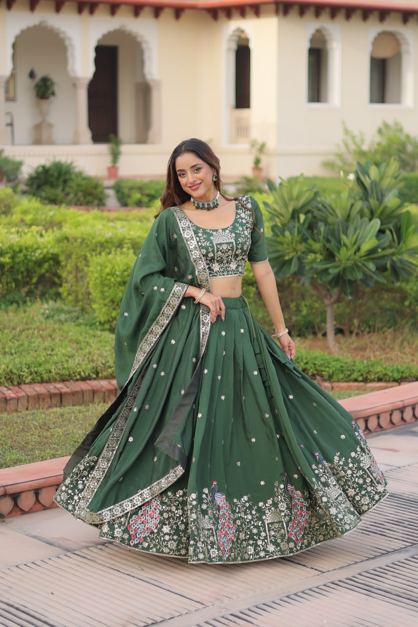 Green Vichitra Embroidered Lehenga Set