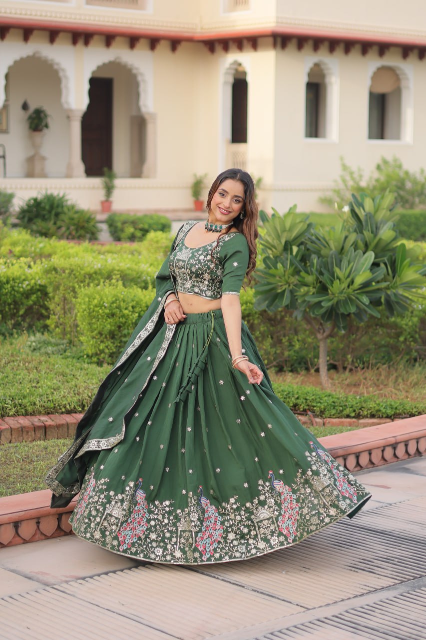Green Vichitra Embroidered Lehenga Set