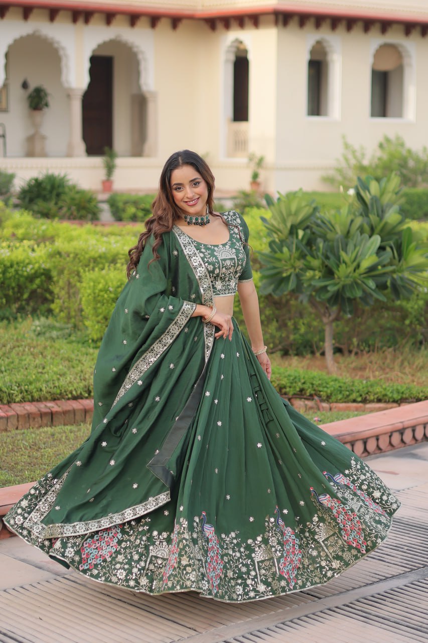 Green Vichitra Embroidered Lehenga Set