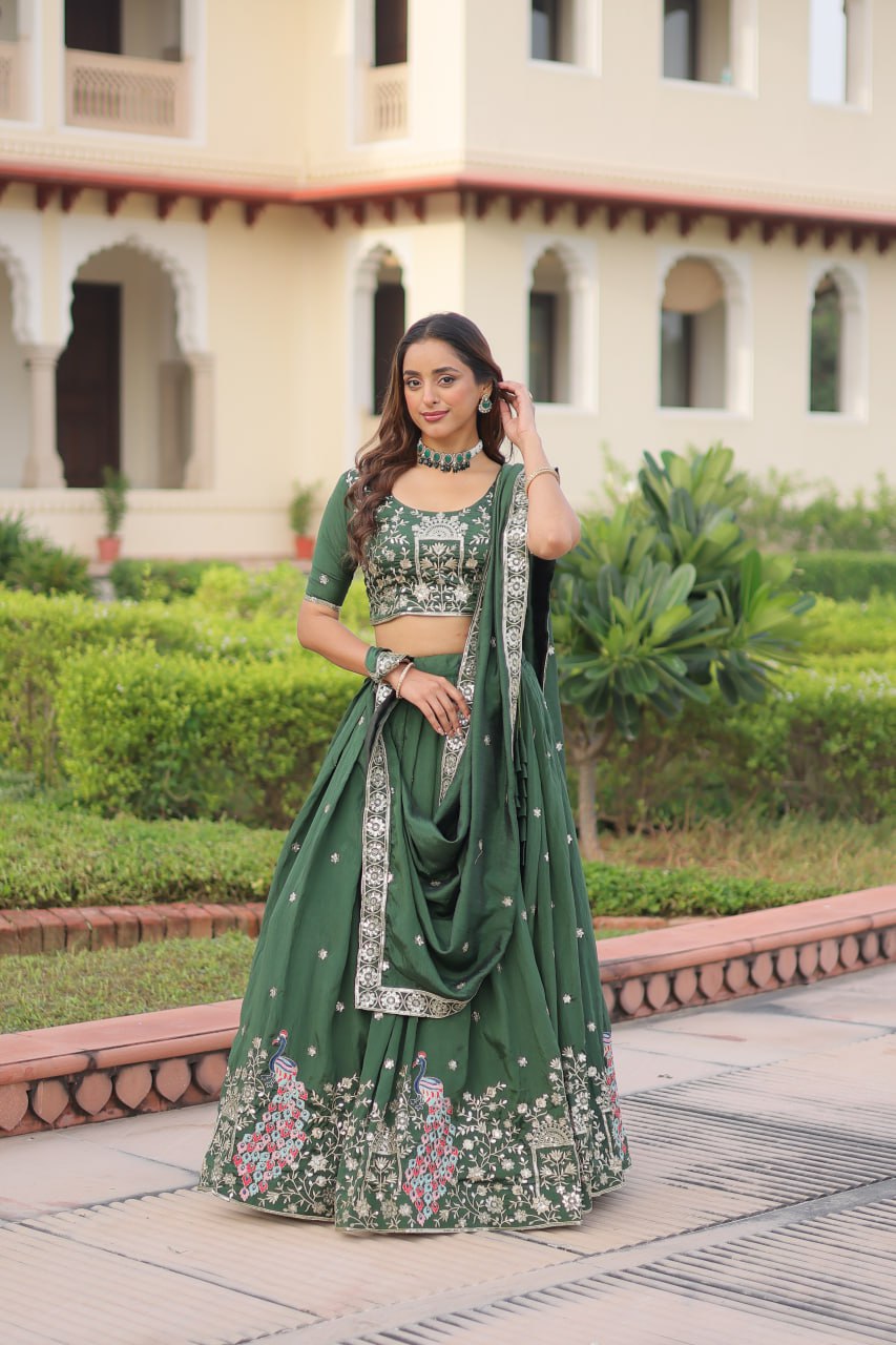 Green Vichitra Embroidered Lehenga Set