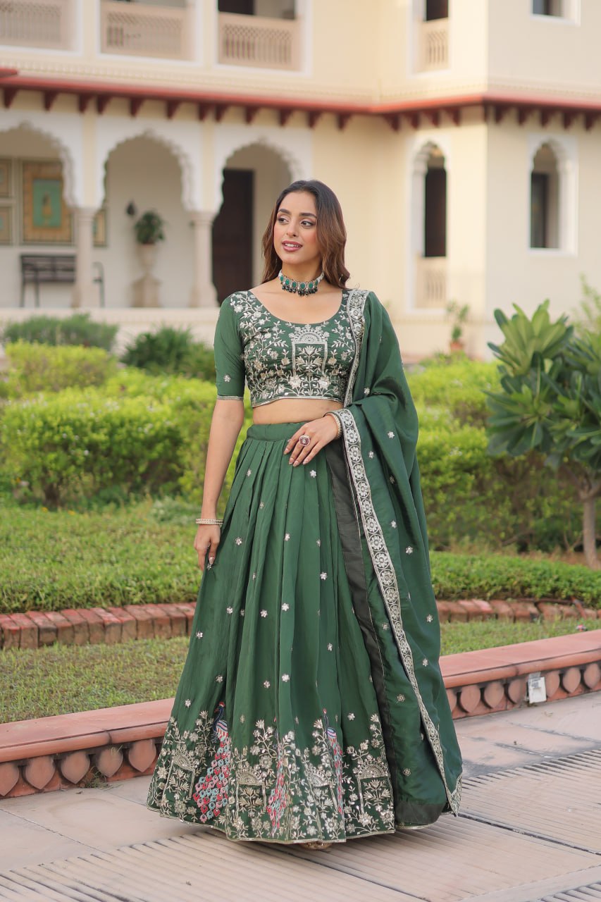 Green Vichitra Embroidered Lehenga Set