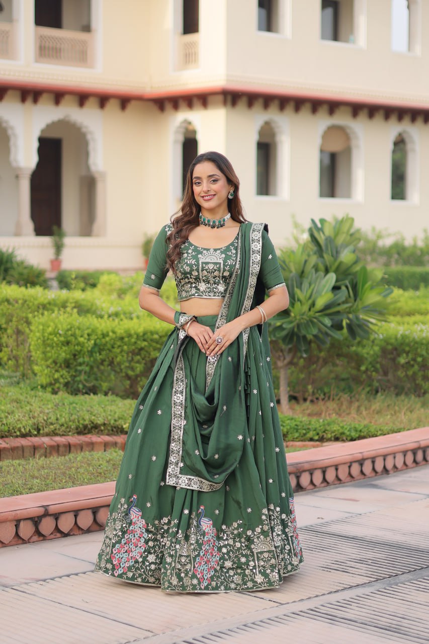 Green Vichitra Embroidered Lehenga Set