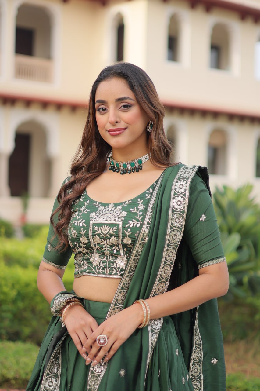 Green Vichitra Embroidered Lehenga Set