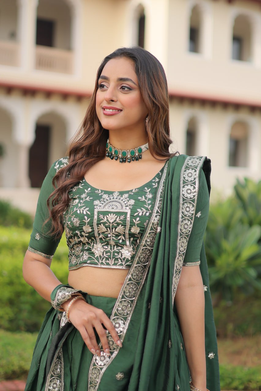 Green Vichitra Embroidered Lehenga Set