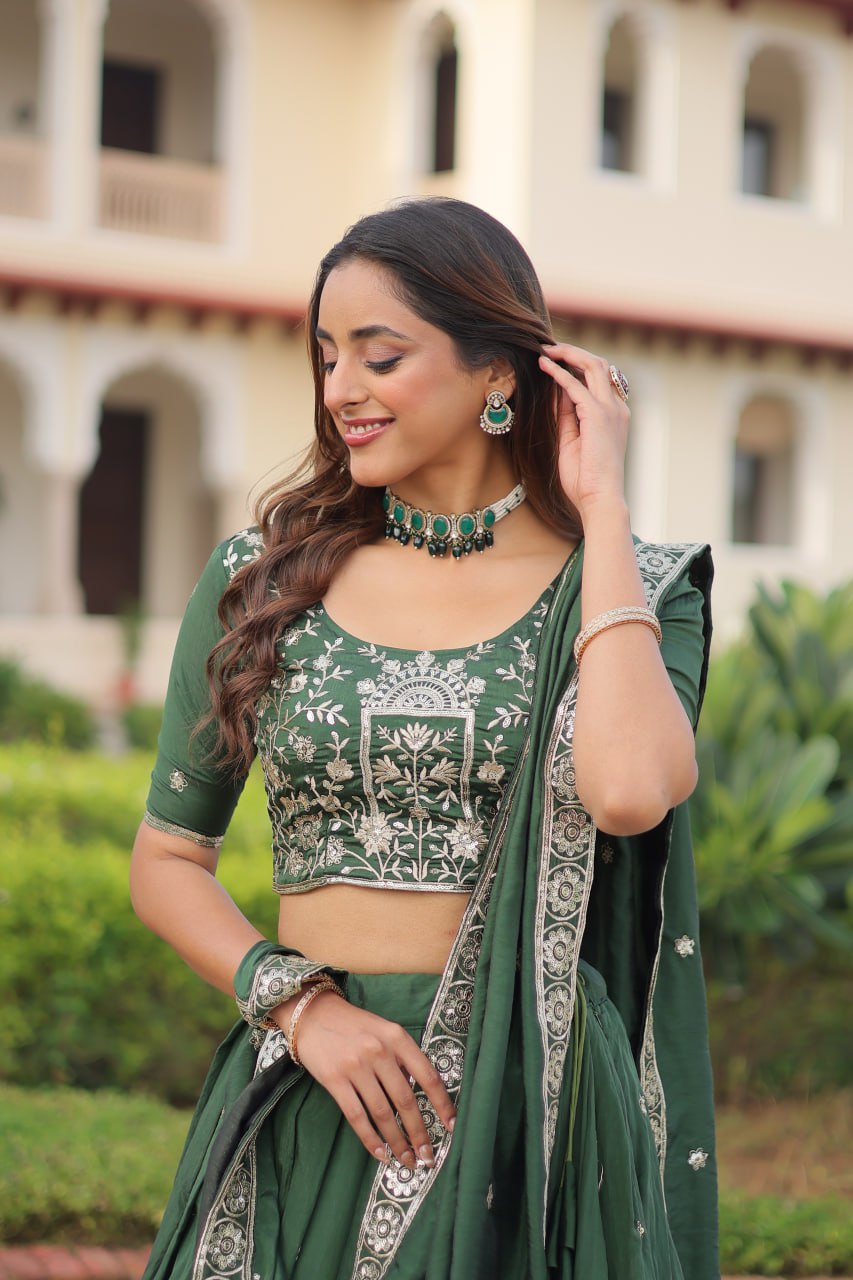 Green Vichitra Embroidered Lehenga Set