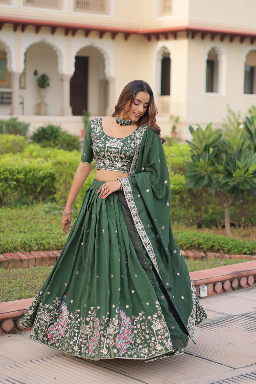 Green Vichitra Embroidered Lehenga Set