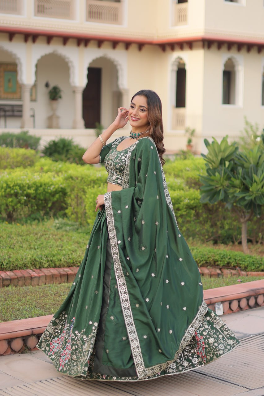 Green Vichitra Embroidered Lehenga Set