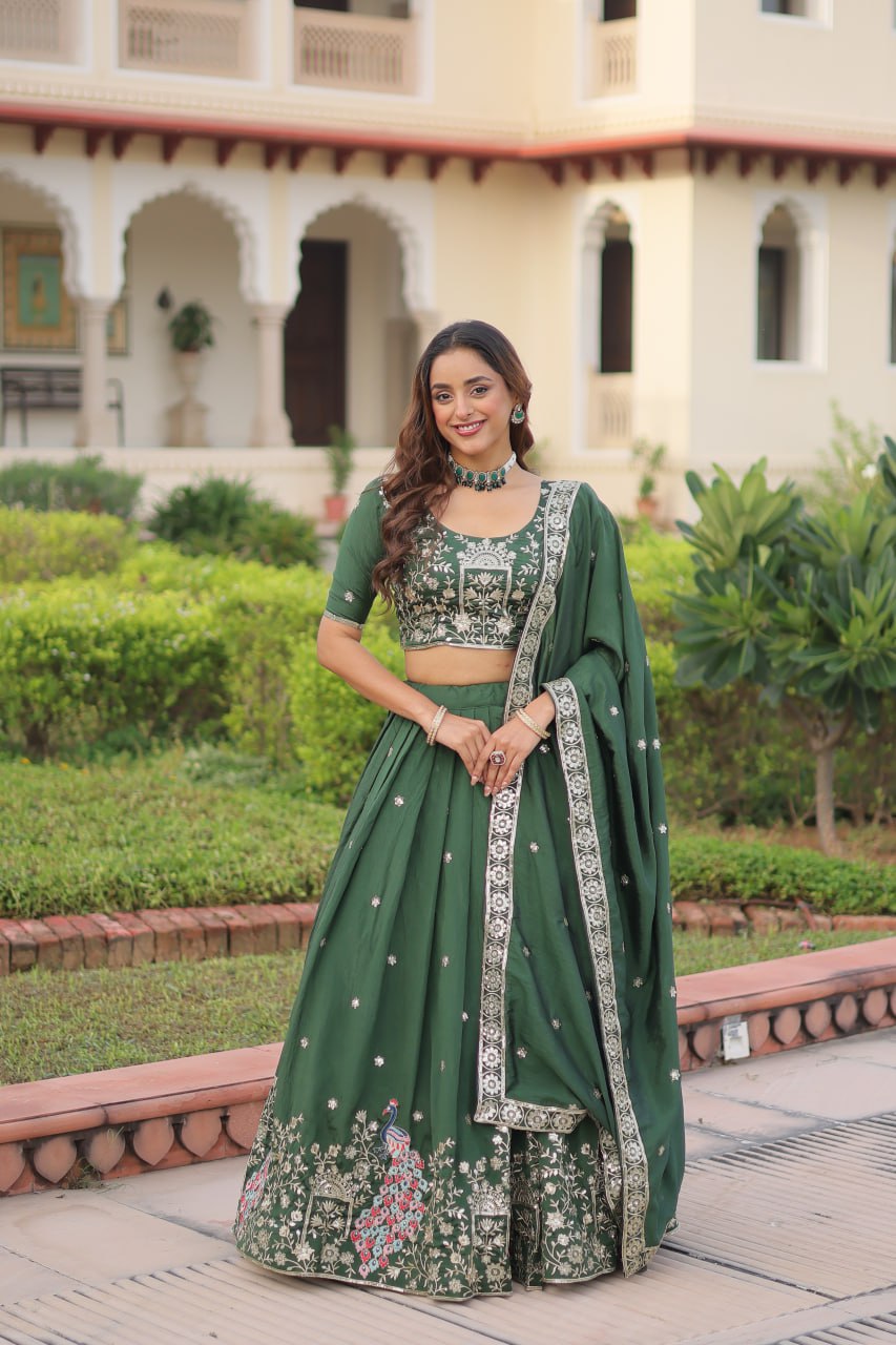 Green Vichitra Embroidered Lehenga Set