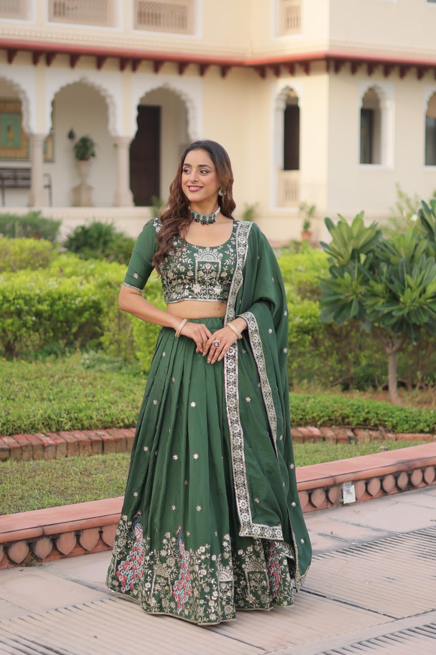Green Vichitra Embroidered Lehenga Set