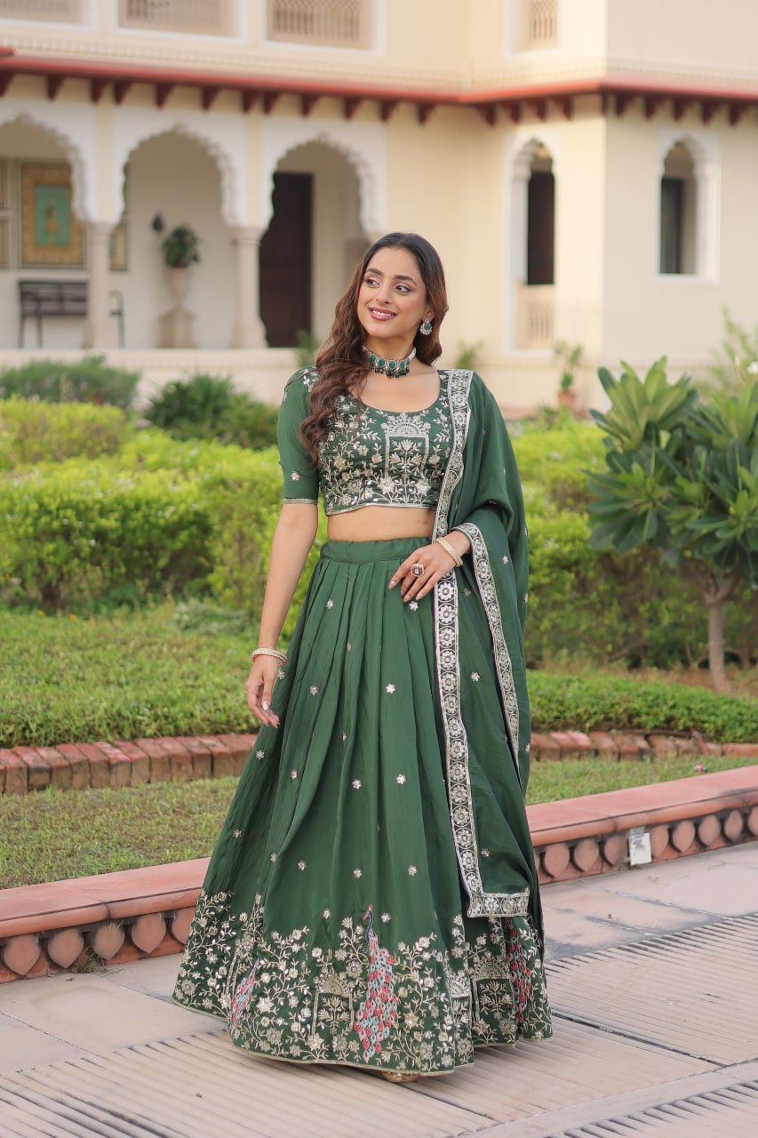 Green Vichitra Embroidered Lehenga Set