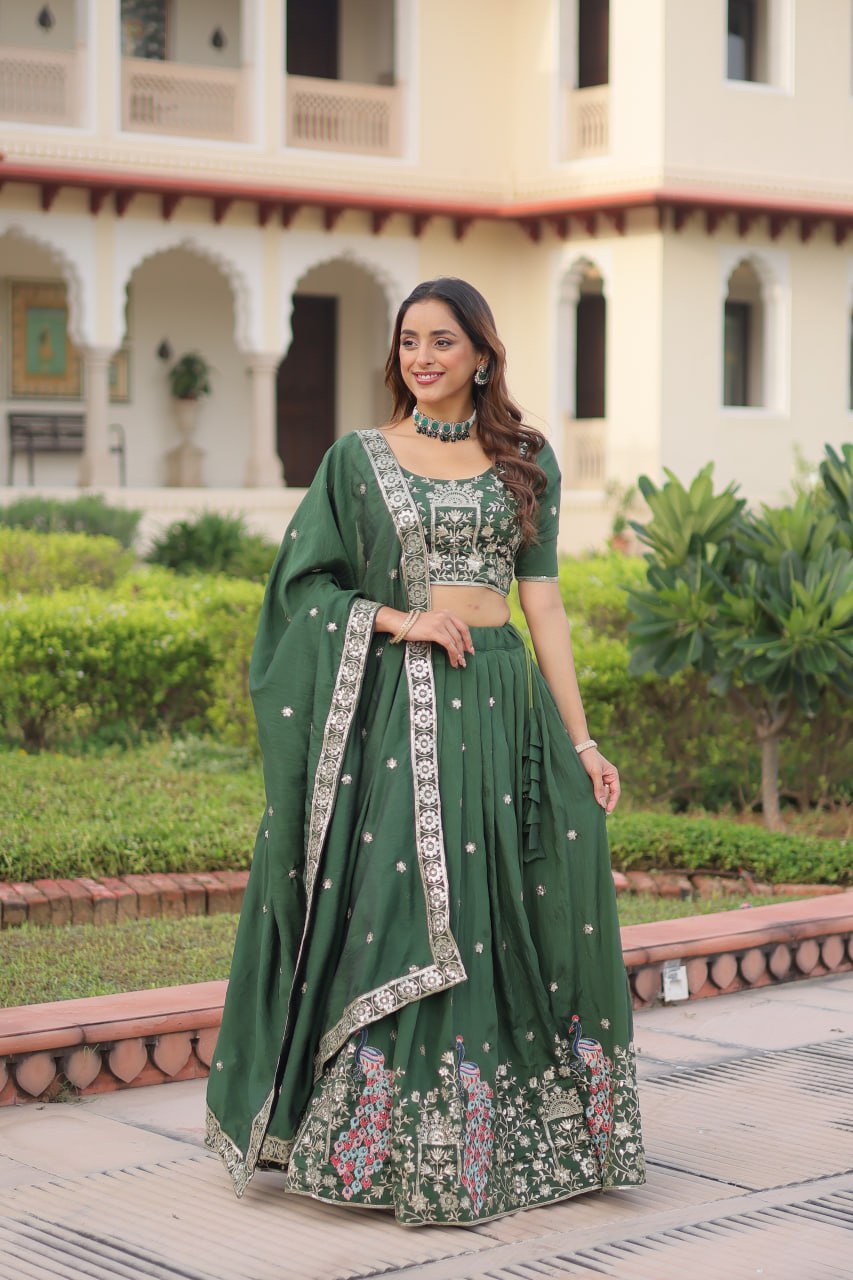 Green Vichitra Embroidered Lehenga Set
