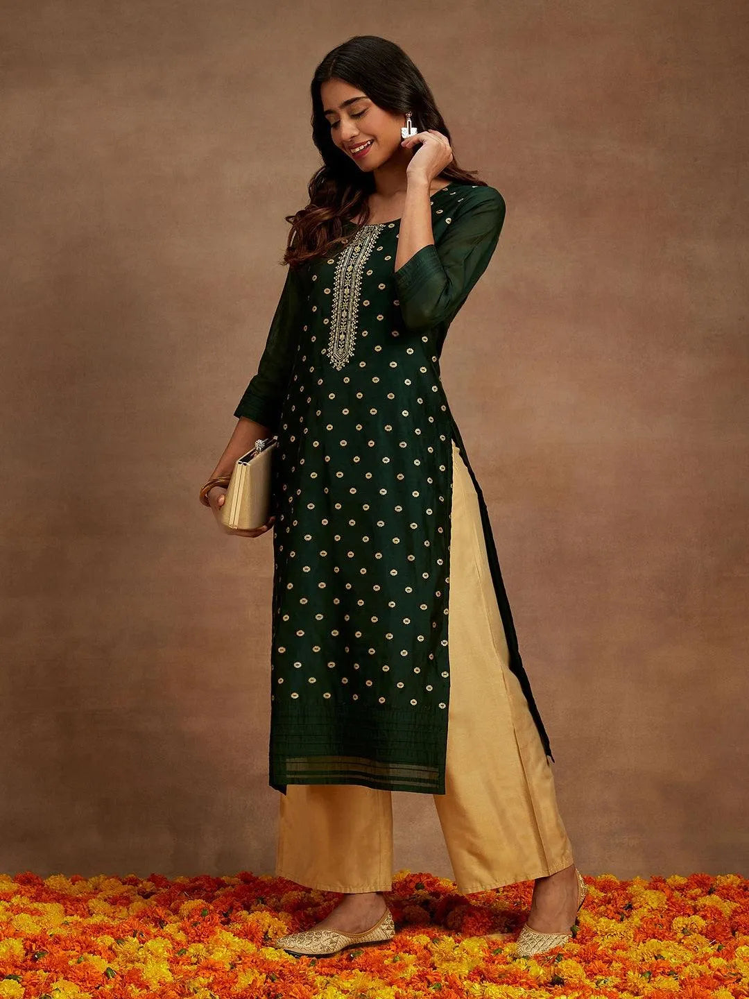 Anouk Green Woven Design Chanderi Silk Straight Kurta