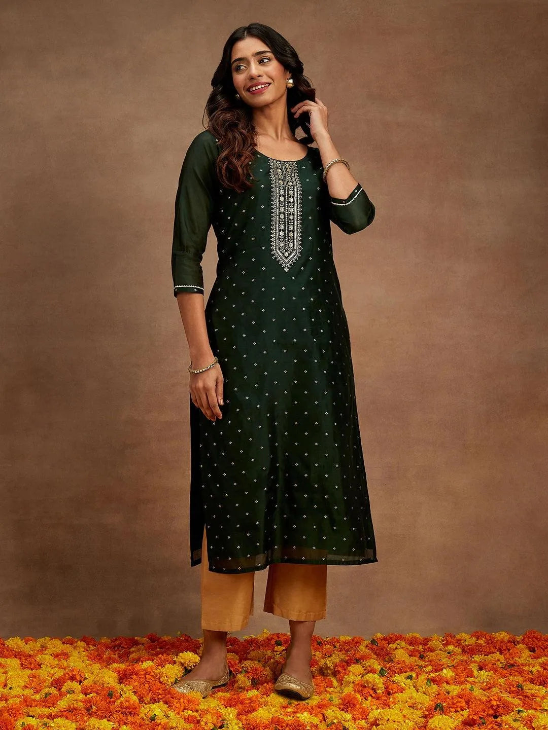 Anouk Green Woven Design Chanderi Silk Straight Kurta