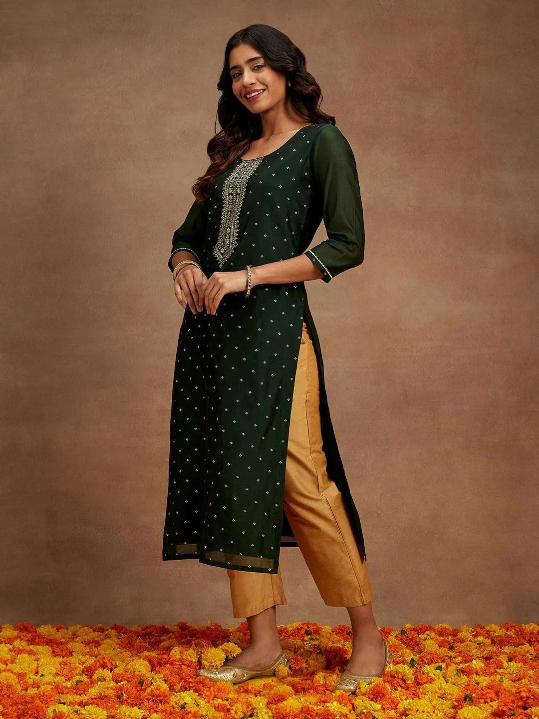 Anouk Green Woven Design Chanderi Silk Straight Kurta