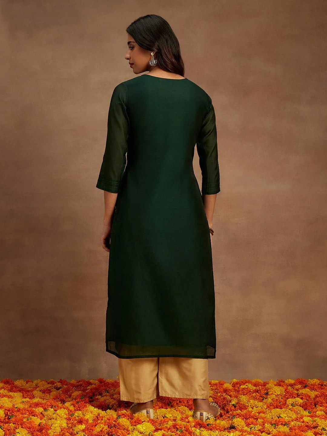 Anouk Green Woven Design Chanderi Silk Straight Kurta
