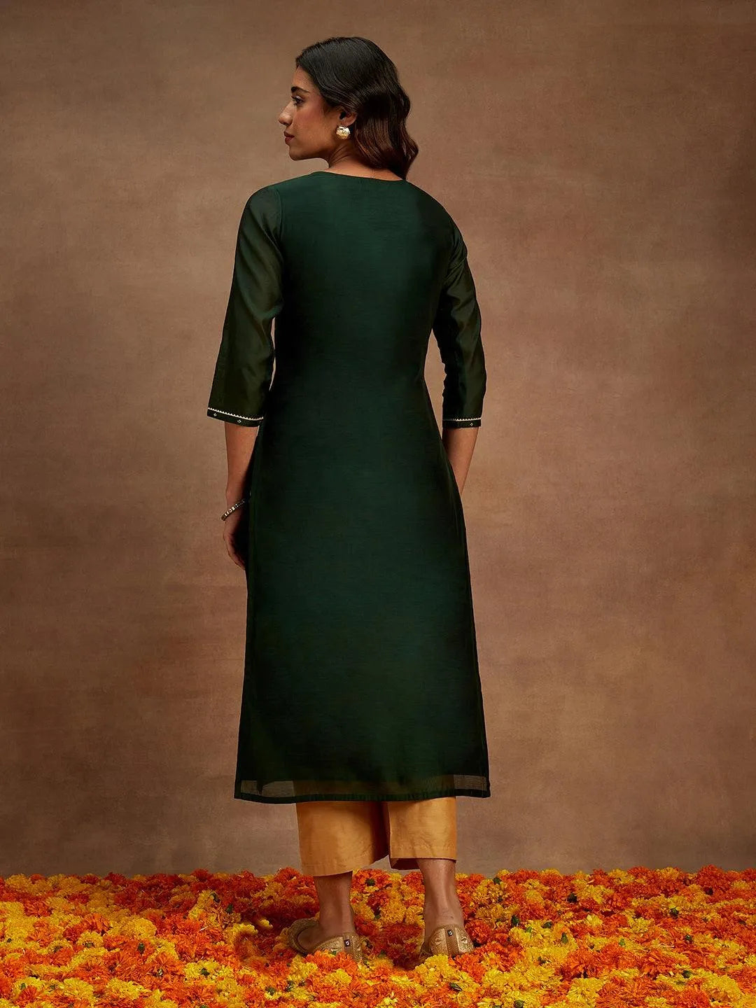Anouk Green Woven Design Chanderi Silk Straight Kurta