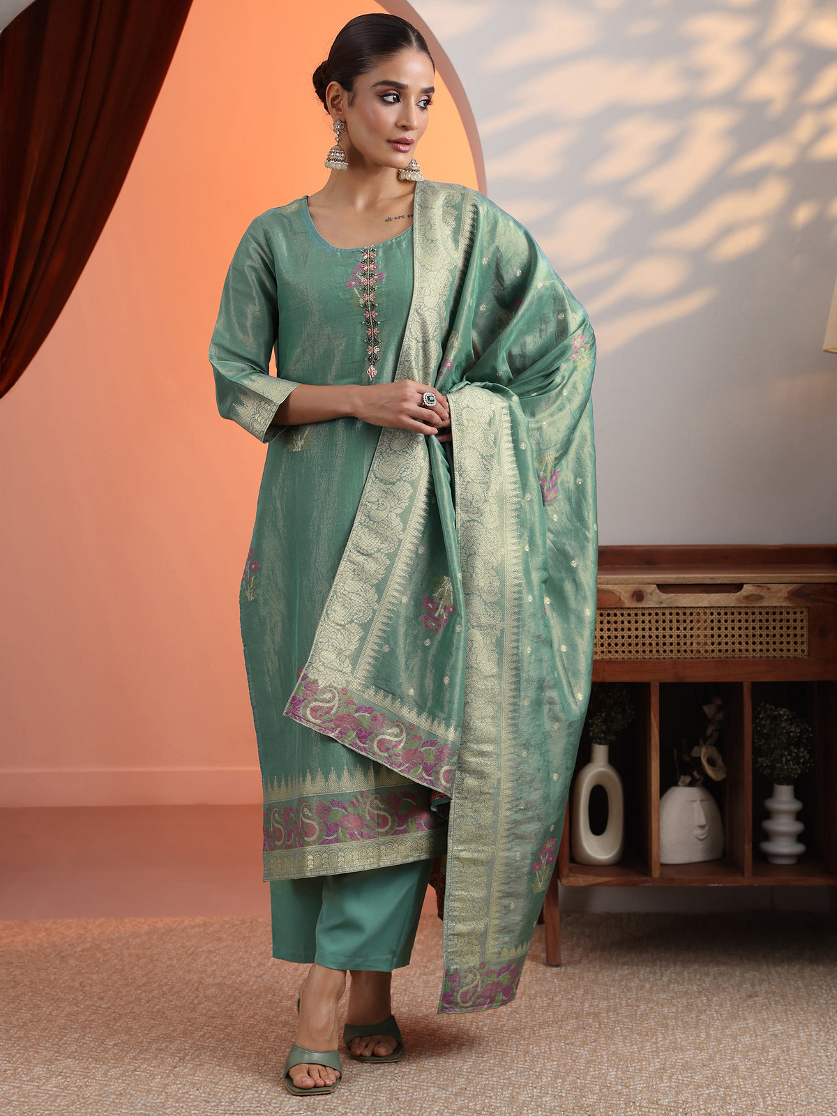 Anouk Green Woven Design Silk Blend Straight Suit Set With Dupatta