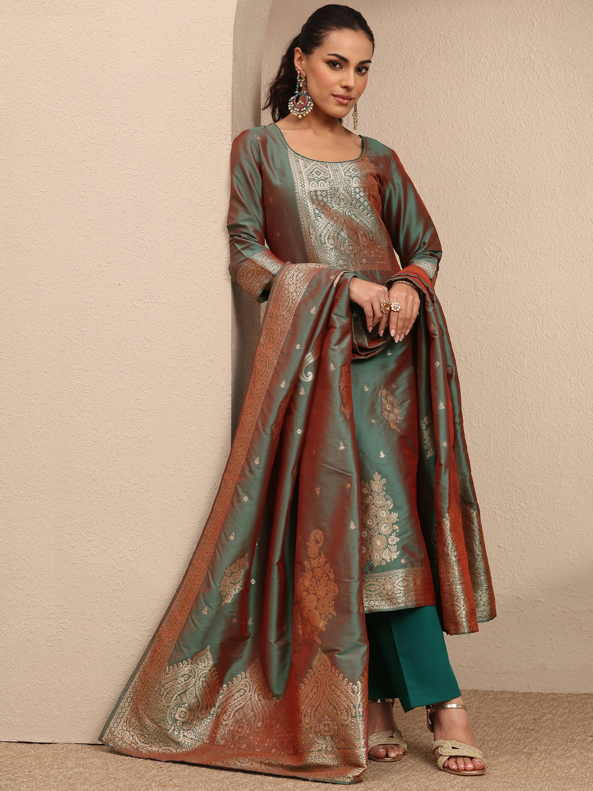 Anouk Green Woven Design Silk Blend Straight Suit Set With Dupatta