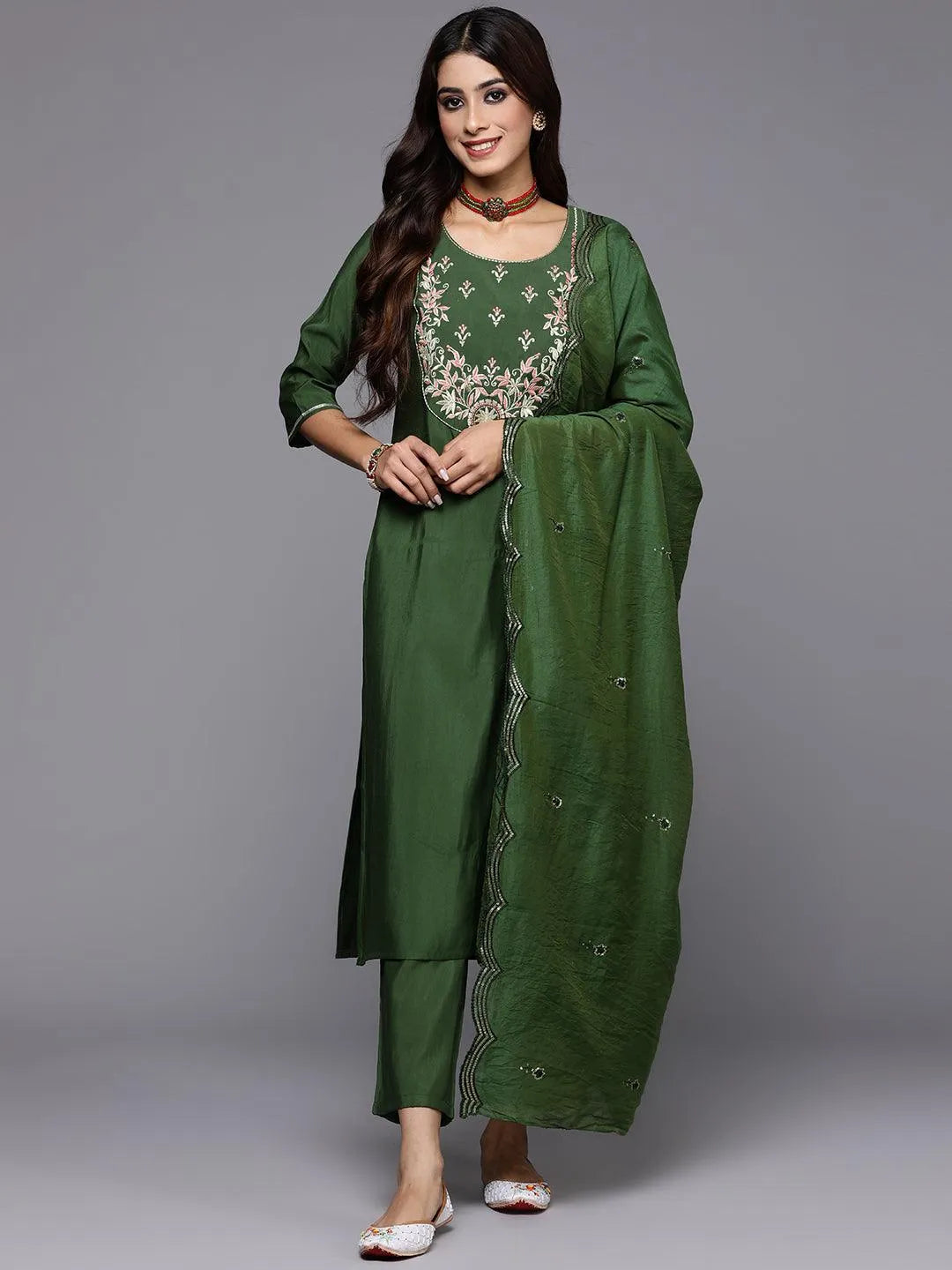 Anouk Green Yoke Design Silk Blend Straight Suit With Dupatta