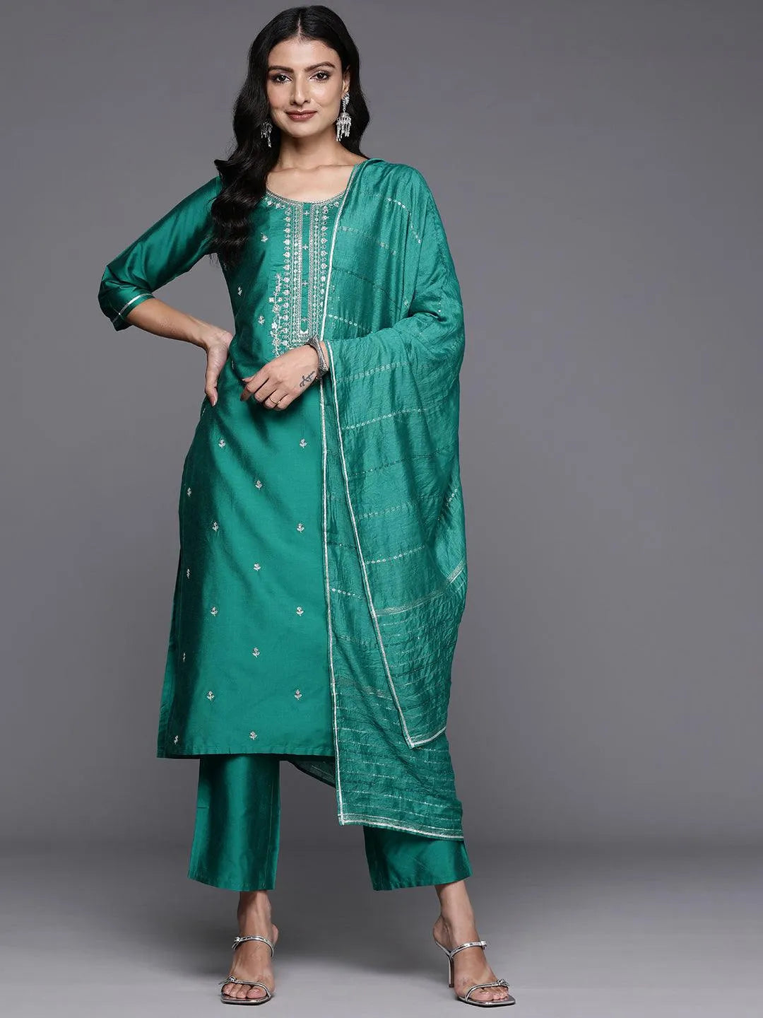 Anouk Green Yoke Design Silk Blend Straight Suit With Dupatta
