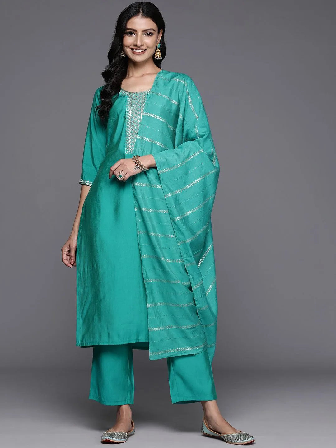 Anouk Green Yoke Design Silk Blend Straight Suit With Dupatta