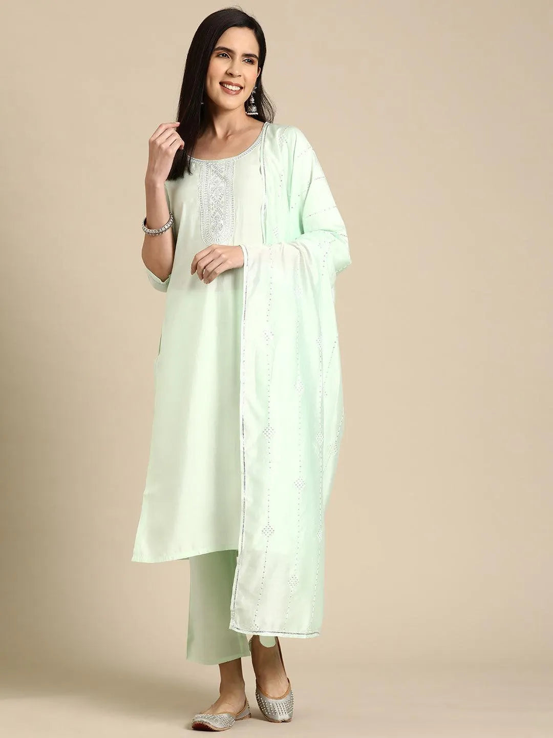 Anouk Green Yoke Design Silk Blend Straight Suit With Dupatta