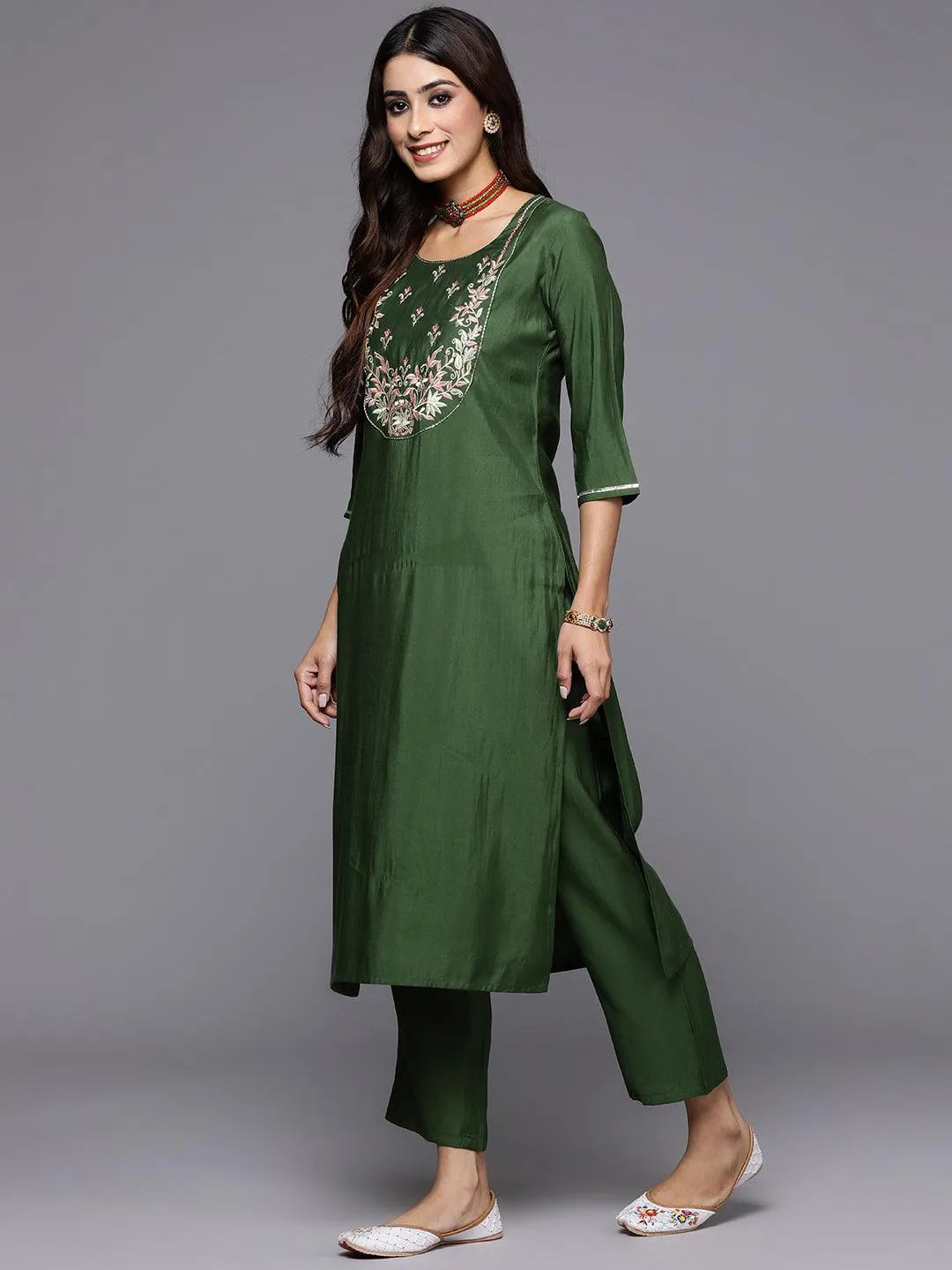 Anouk Green Yoke Design Silk Blend Straight Suit With Dupatta