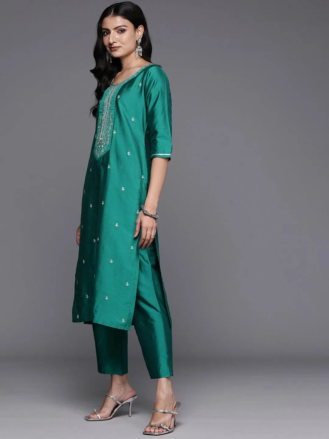 Anouk Green Yoke Design Silk Blend Straight Suit With Dupatta