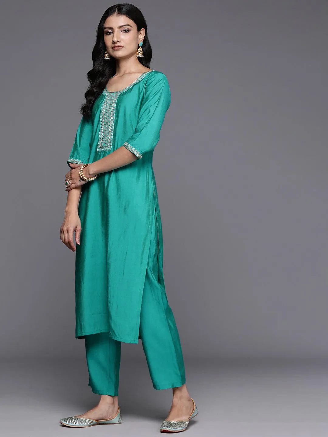 Anouk Green Yoke Design Silk Blend Straight Suit With Dupatta