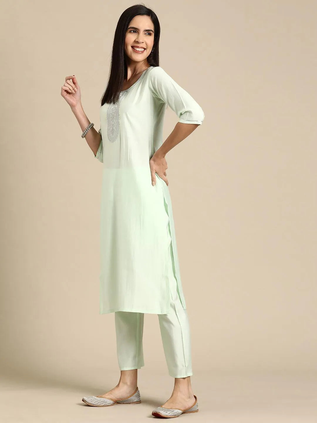 Anouk Green Yoke Design Silk Blend Straight Suit With Dupatta
