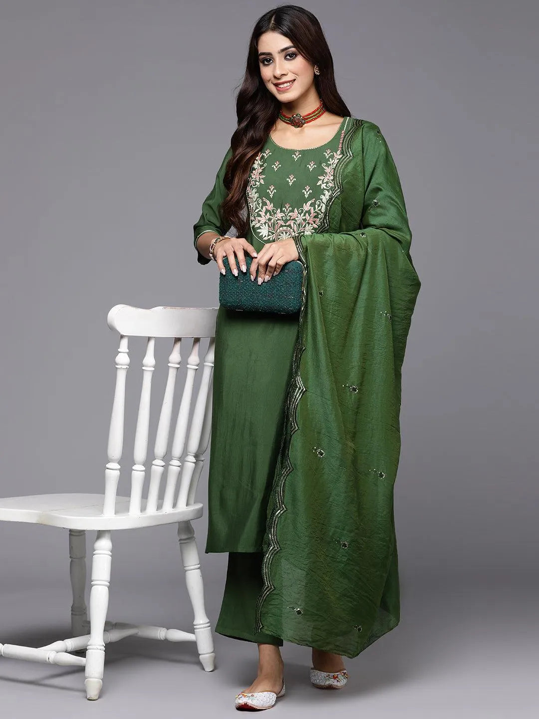 Anouk Green Yoke Design Silk Blend Straight Suit With Dupatta