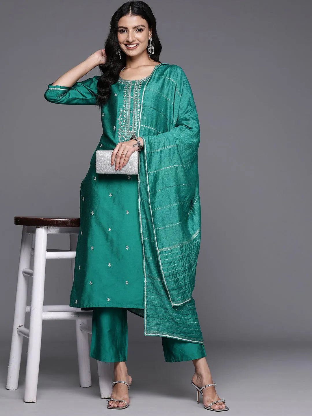 Anouk Green Yoke Design Silk Blend Straight Suit With Dupatta