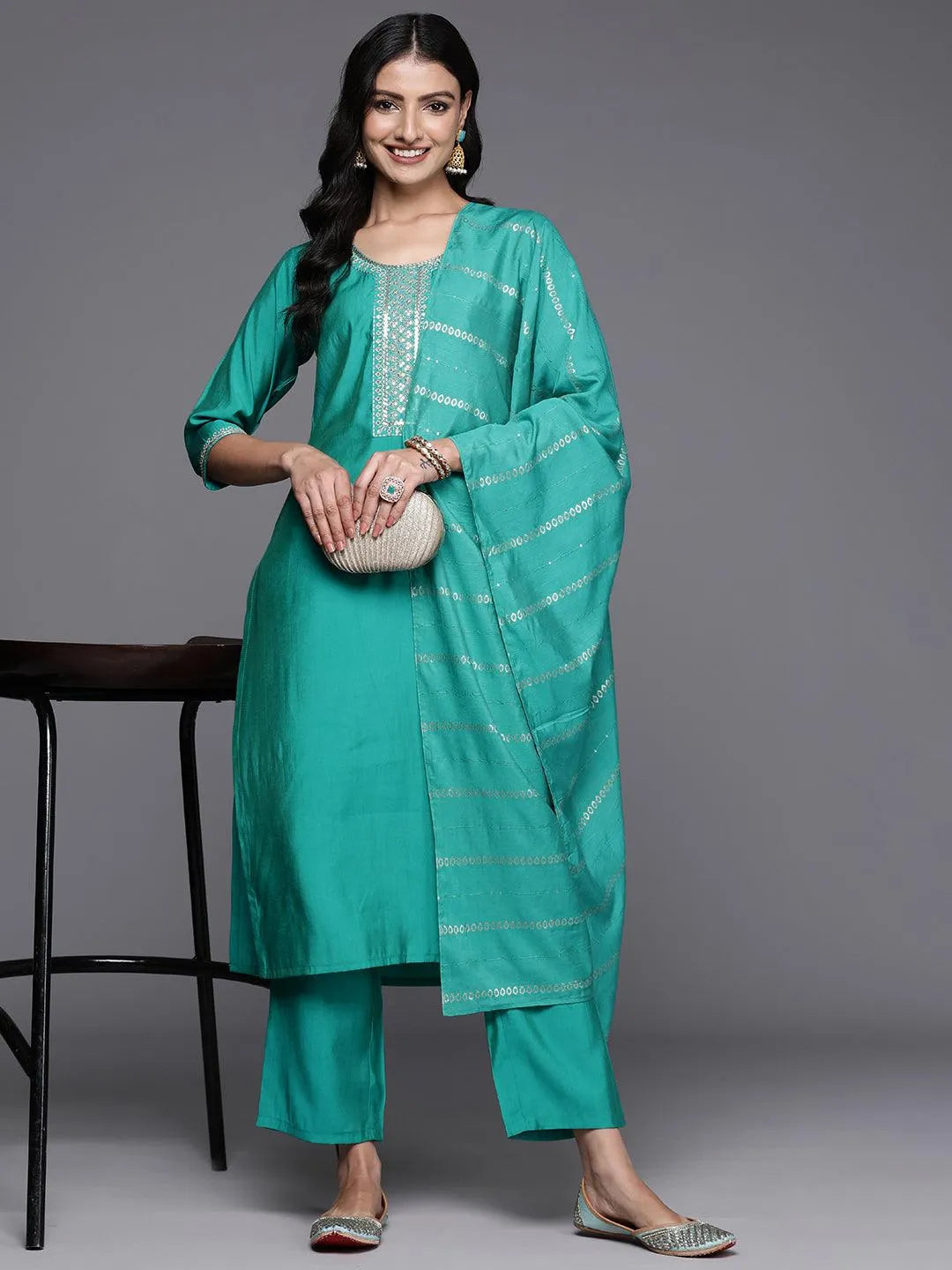 Anouk Green Yoke Design Silk Blend Straight Suit With Dupatta