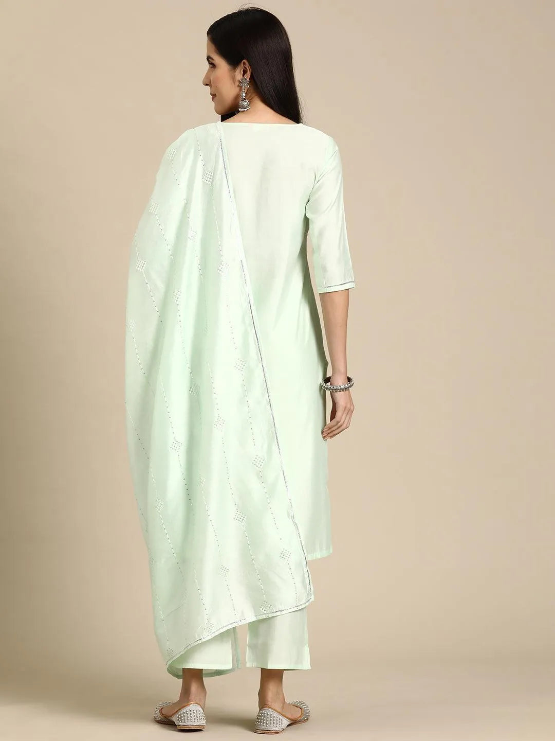 Anouk Green Yoke Design Silk Blend Straight Suit With Dupatta