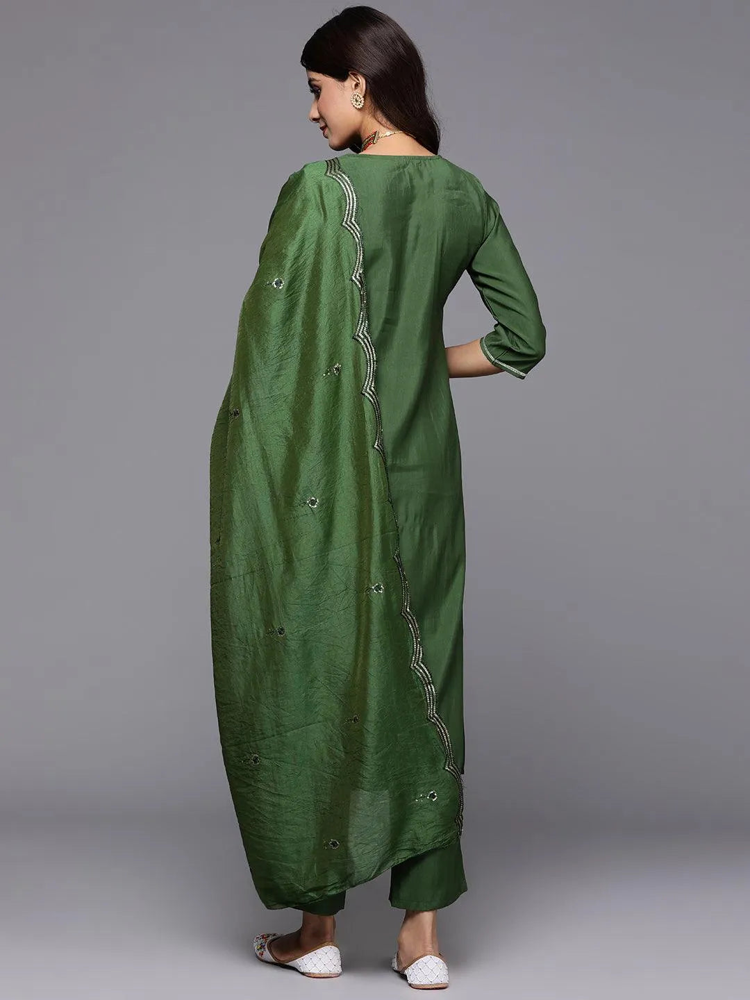 Anouk Green Yoke Design Silk Blend Straight Suit With Dupatta