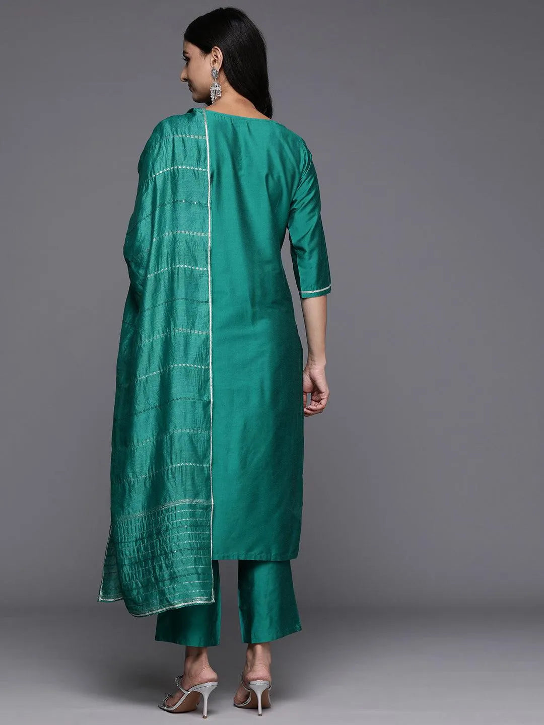 Anouk Green Yoke Design Silk Blend Straight Suit With Dupatta