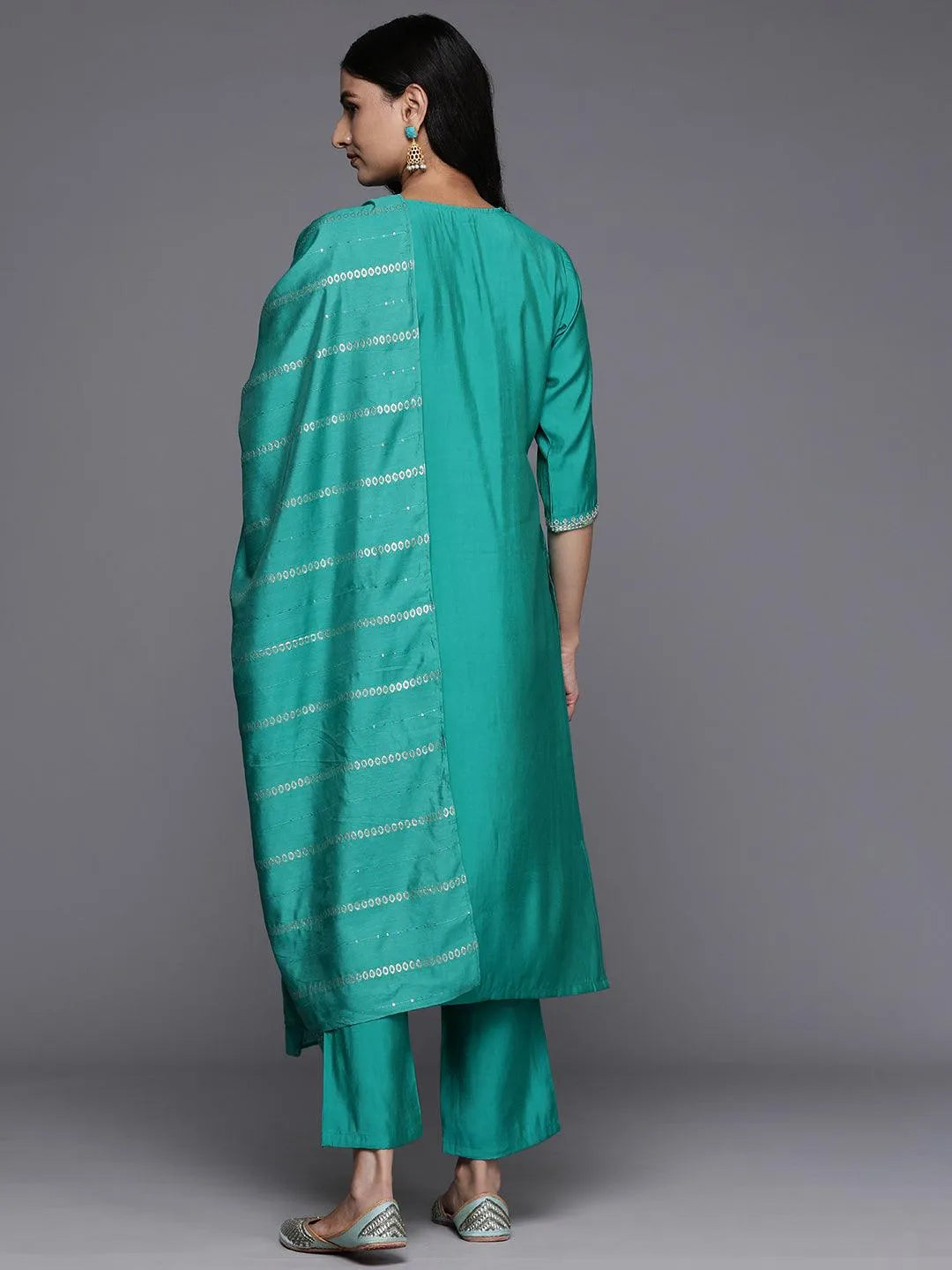 Anouk Green Yoke Design Silk Blend Straight Suit With Dupatta