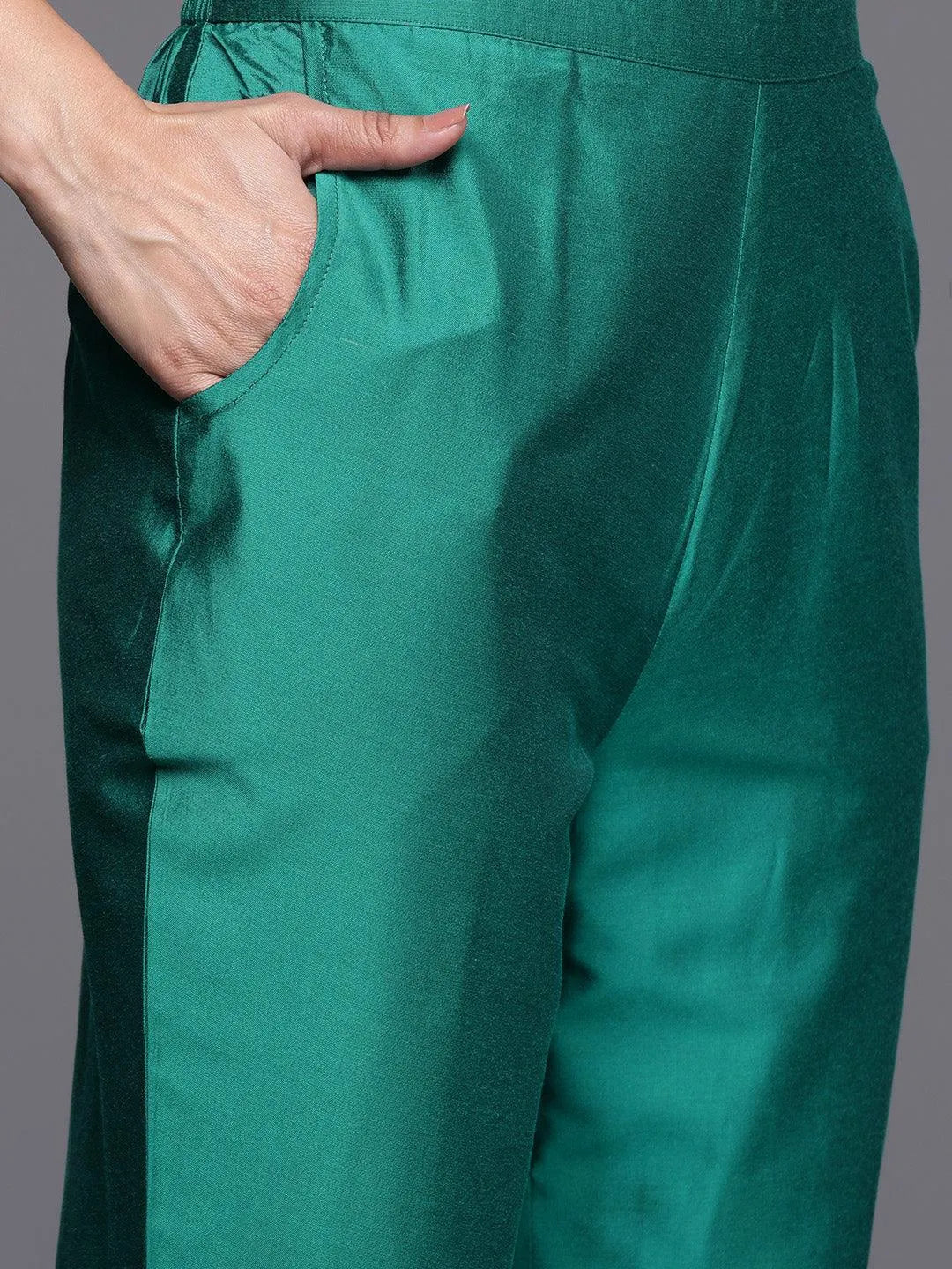 Anouk Green Yoke Design Silk Blend Straight Suit With Dupatta