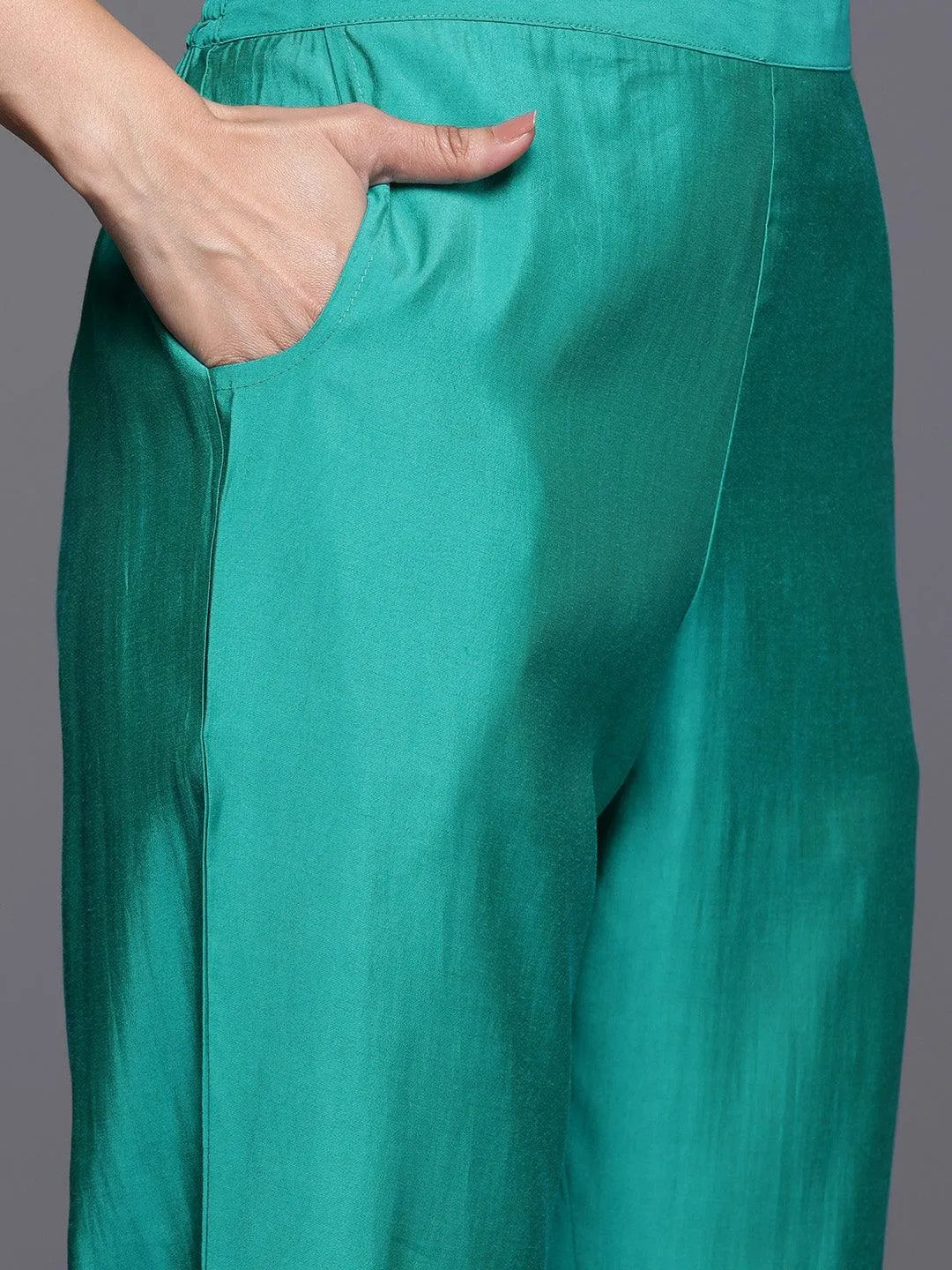 Anouk Green Yoke Design Silk Blend Straight Suit With Dupatta