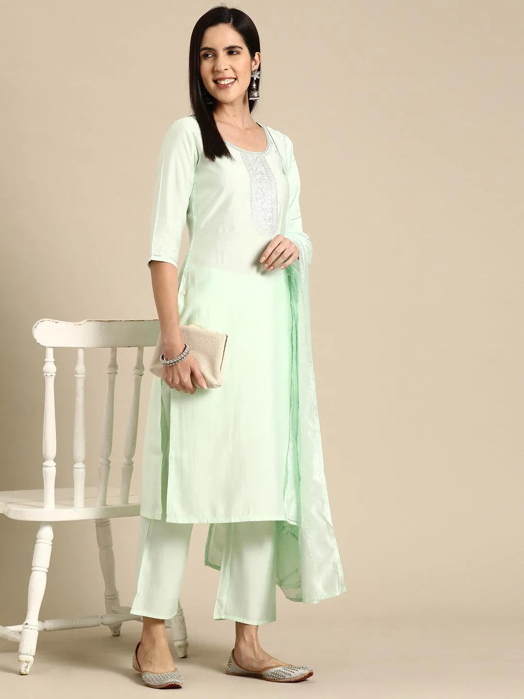Anouk Green Yoke Design Silk Blend Straight Suit With Dupatta