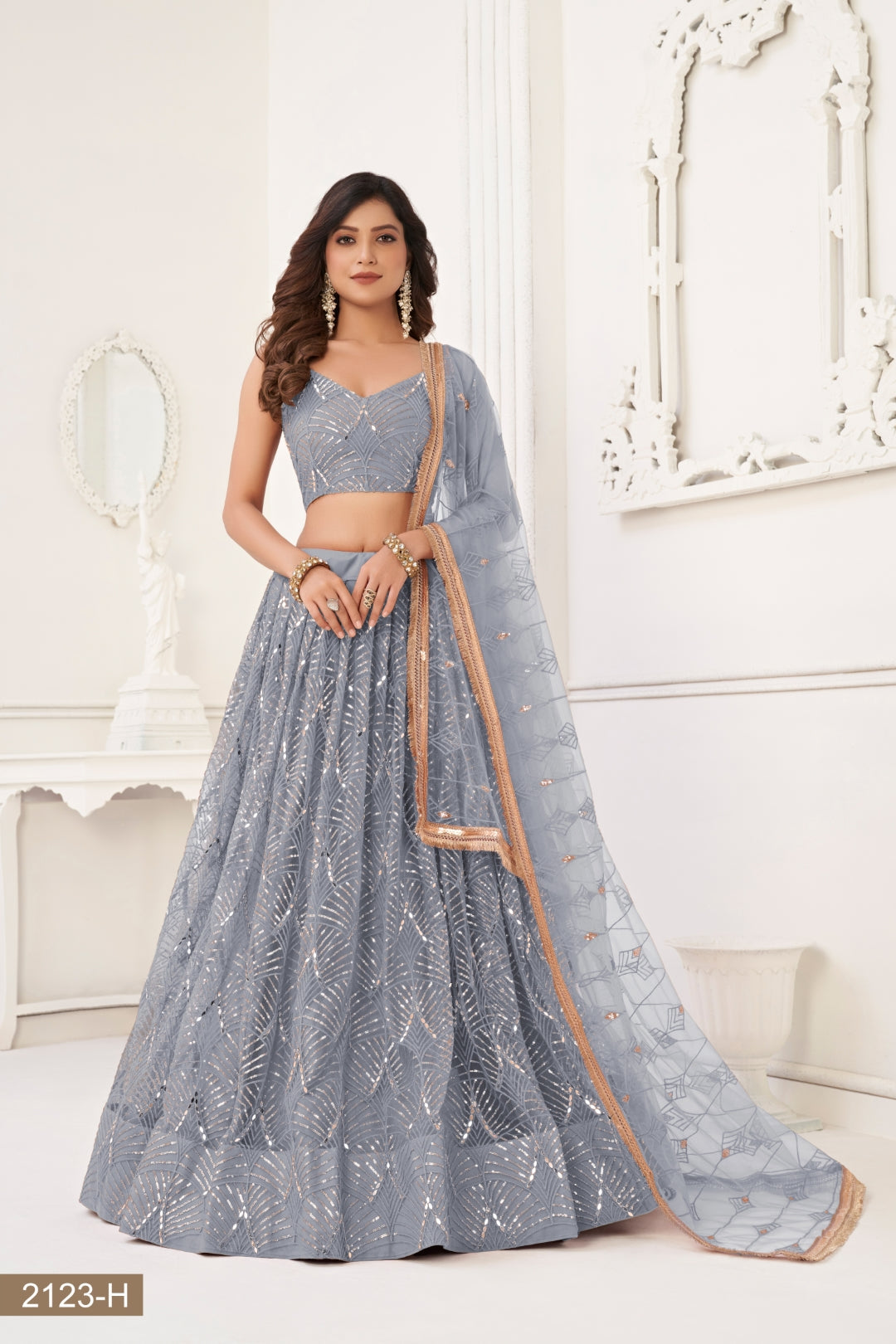 Grey Butterfly Net Lehenga with Tone-to-Tone Thread Work and Mirror Embroidery
