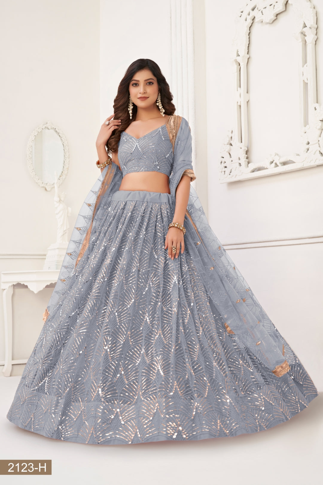 Grey Butterfly Net Lehenga with Tone-to-Tone Thread Work and Mirror Embroidery