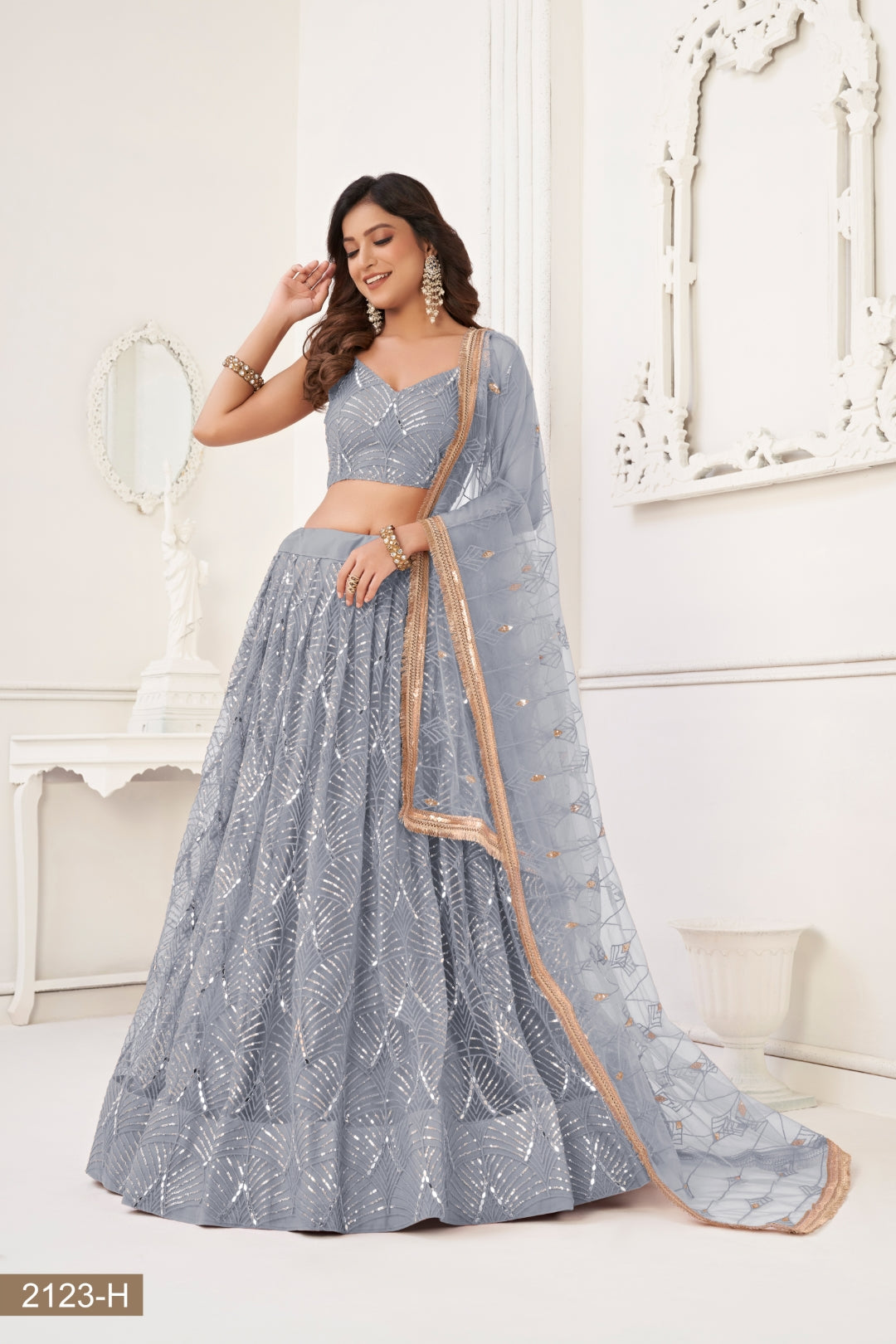 Grey Butterfly Net Lehenga with Tone-to-Tone Thread Work and Mirror Embroidery